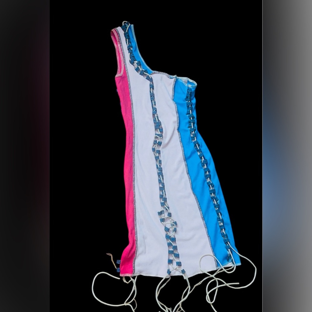 Boutique 9 Pink White Blue Colorblock Lace-Up Mini Dress